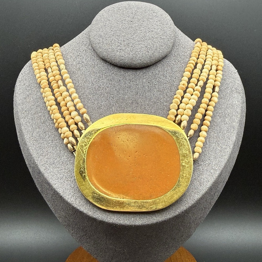Vintage Artisan Multi Strand Bead Necklace Brass Butterscotch Enamel Pendant SH